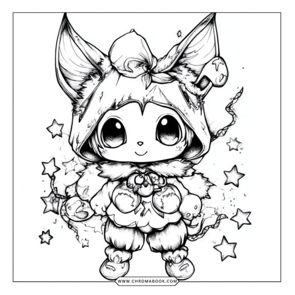 A whimsical Kuromi coloring page featuring playful designs and patterns, perfect for creative fun. Free printable!