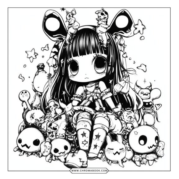 A whimsical Kuromi character surrounded by playful designs and patterns, perfect for a fun coloring page. Free printable for all ages!