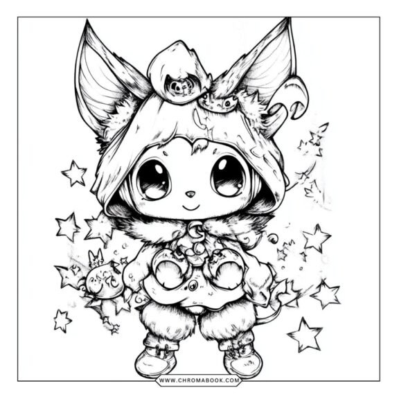 A whimsical Kuromi character surrounded by playful designs, perfect for a fun coloring page. Enjoy this free printable!