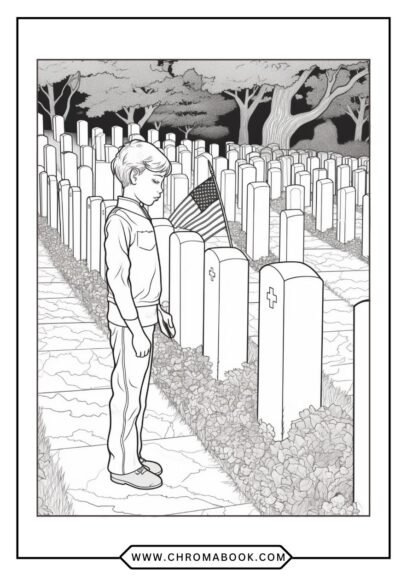 A patriotic coloring page featuring stars, stripes, and a bald eagle, perfect for Memorial Day. Free printable for all ages!