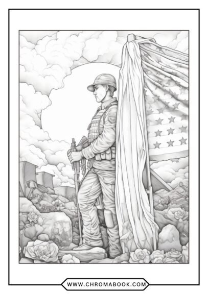 A detailed Memorial Day coloring page featuring stars, stripes, and patriotic symbols, perfect for a free printable activity.