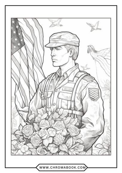 A festive Memorial Day coloring page featuring stars, stripes, and a patriotic wreath, perfect for a free printable activity.