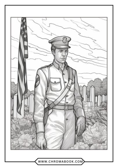 A detailed Memorial Day coloring page featuring patriotic symbols like flags and stars, perfect for a free printable activity.