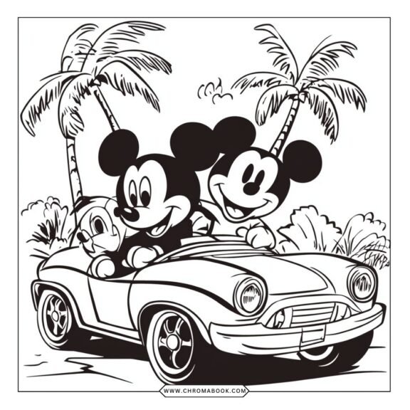 A fun Mickey and Minnie coloring page featuring the iconic duo surrounded by whimsical patterns, perfect for kids. Free printable!