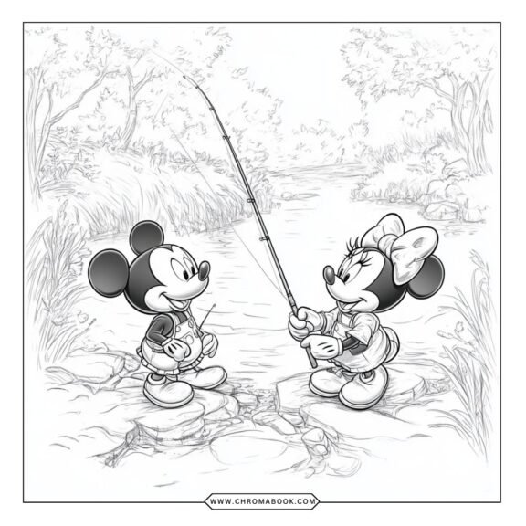 A delightful Mickey and Minnie coloring page featuring playful poses and whimsical backgrounds, perfect for kids. Free printable!