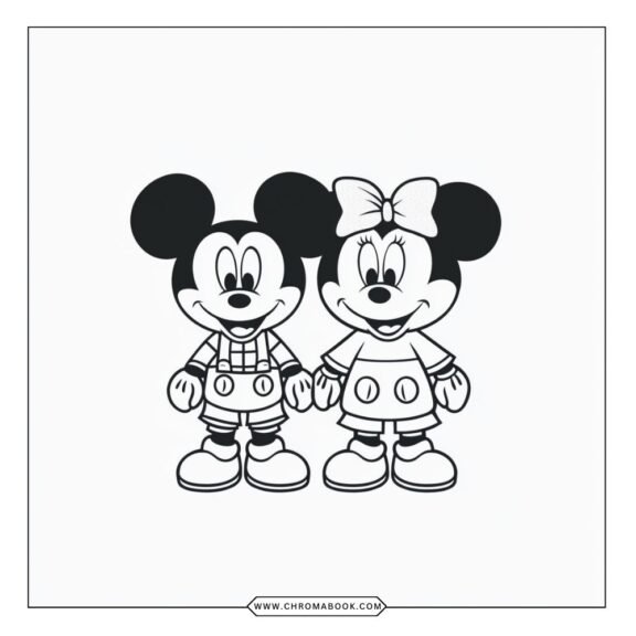 A fun Mickey and Minnie coloring page featuring the iconic duo surrounded by playful patterns; perfect as a free printable for kids!