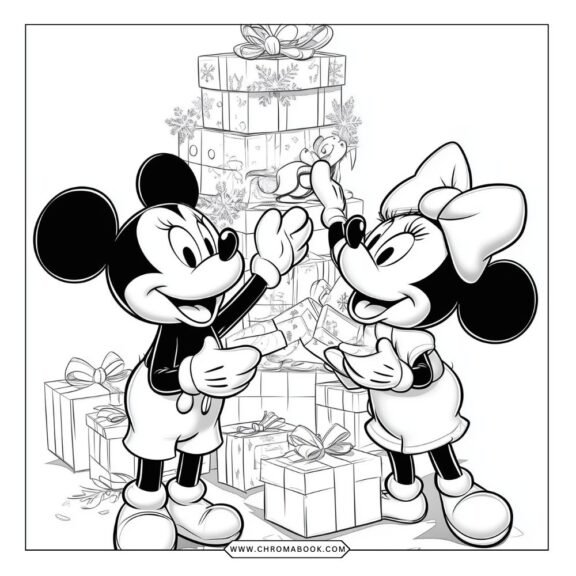 Cheerful Mickey and Minnie Mouse in a fun pose, surrounded by whimsical patterns. Perfect for a creative coloring page, free printable!