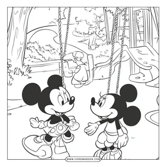 A charming Mickey and Minnie coloring page featuring whimsical patterns and playful designs, perfect for kids. Free printable!
