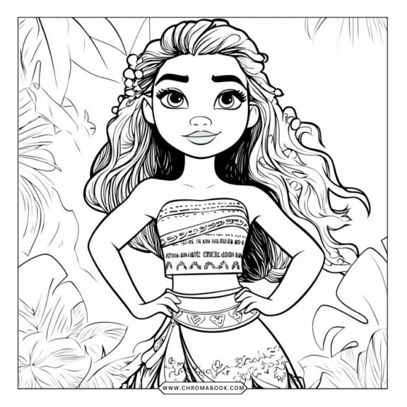 A fun Moana coloring page featuring intricate designs of tropical plants and ocean waves; perfect for creativity. Free printable!