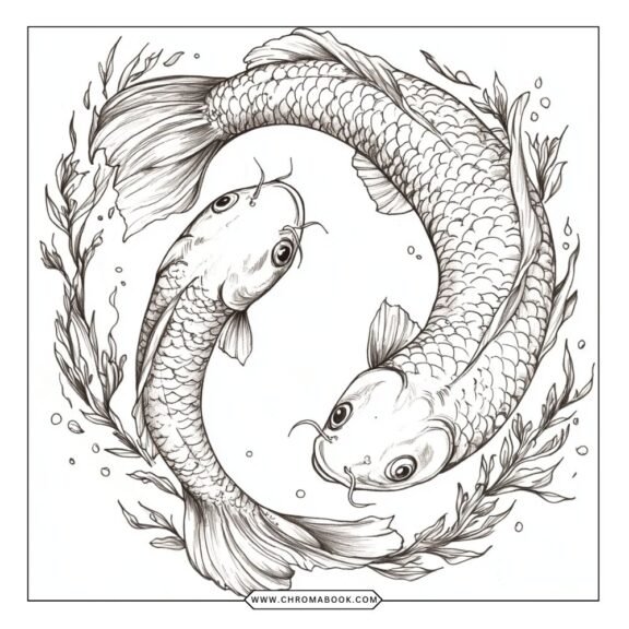 A beautifully detailed Pisces-themed coloring page featuring intricate fish designs and flowing waves, perfect for relaxation. Free printable!