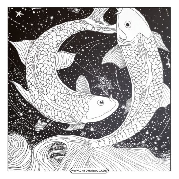 A whimsical Pisces coloring page featuring two fish intertwined in a flowing, intricate mandala design. Free printable!