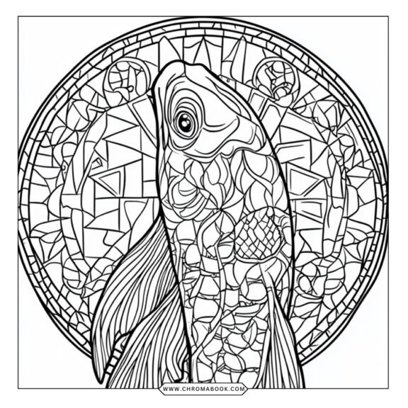 A whimsical Pisces coloring page featuring two fish intertwined in a flowing mandala design. Free printable for creative fun!