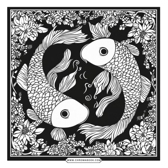 A whimsical Pisces-themed coloring page featuring two intricately designed fish intertwined in a flowing mandala pattern. Free printable!