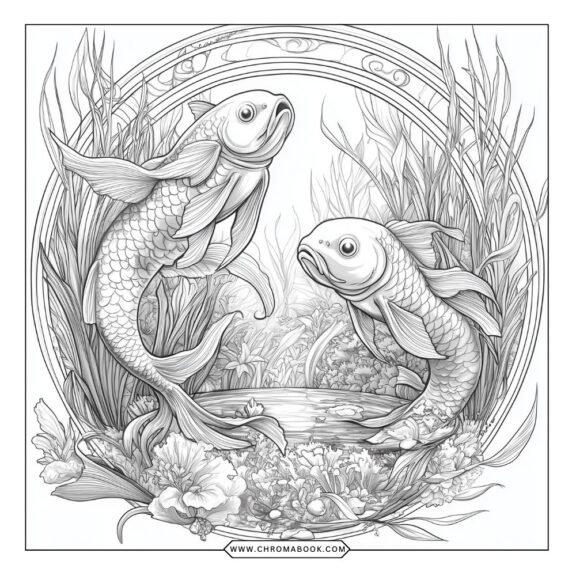 A whimsical Pisces-themed coloring page featuring intricate fish designs and flowing patterns. Perfect for relaxation! Free printable.