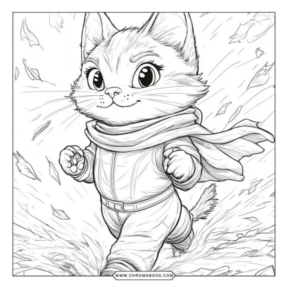 A whimsical Puss in Boots coloring page featuring the charming feline hero in action, perfect for kids. Free printable!