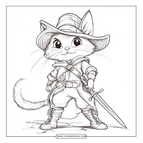 A whimsical Puss in Boots coloring page featuring the charming cat in stylish boots, perfect for a fun, free printable activity.