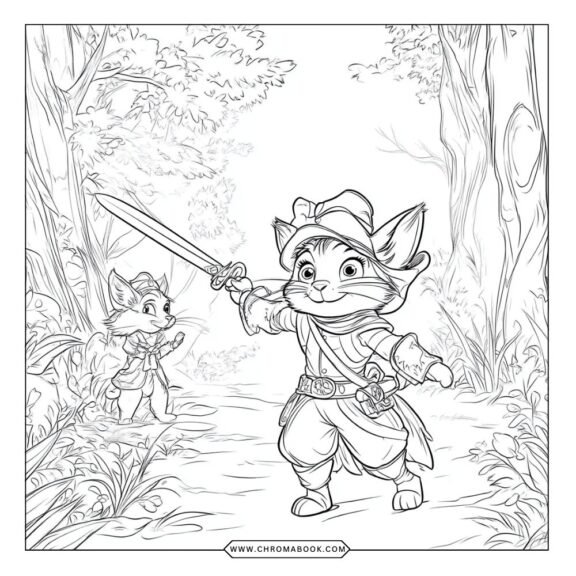 A whimsical Puss in Boots coloring page featuring the adventurous cat in his iconic boots, perfect for a free printable activity.