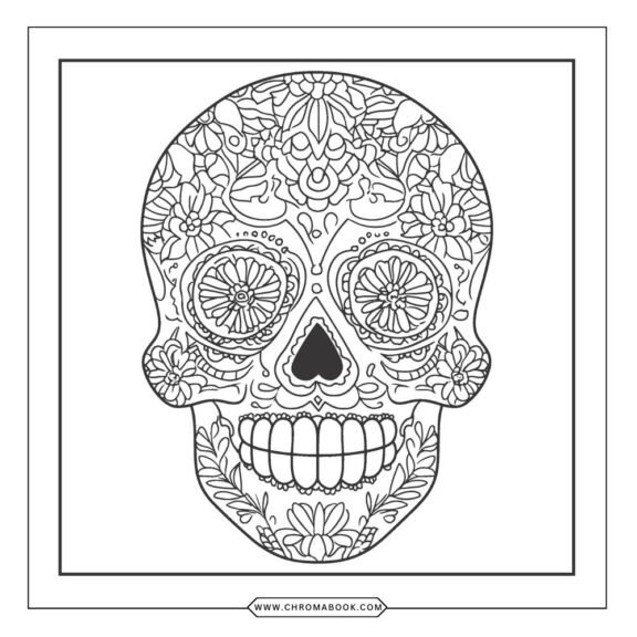 A decorative skull surrounded by floral patterns, perfect for creative minds. Enjoy this free printable coloring page!