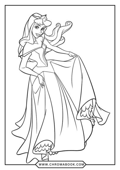 A magical scene featuring Sleeping Beauty surrounded by enchanted forest elements, perfect for a coloring page. Free printable!