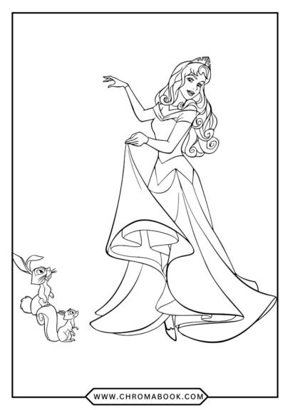 A whimsical Sleeping Beauty coloring page featuring intricate floral patterns and elegant details, perfect for a free printable activity.
