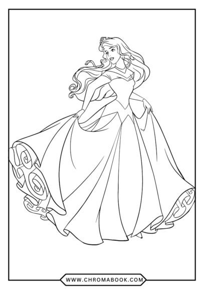 A whimsical Sleeping Beauty scene with intricate floral patterns, perfect for a coloring page. Enjoy this free printable!