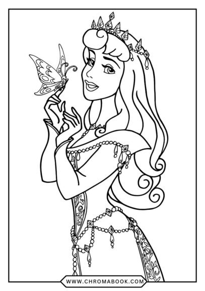 A whimsical Sleeping Beauty scene featuring intricate patterns and floral elements, perfect for a free printable coloring page.