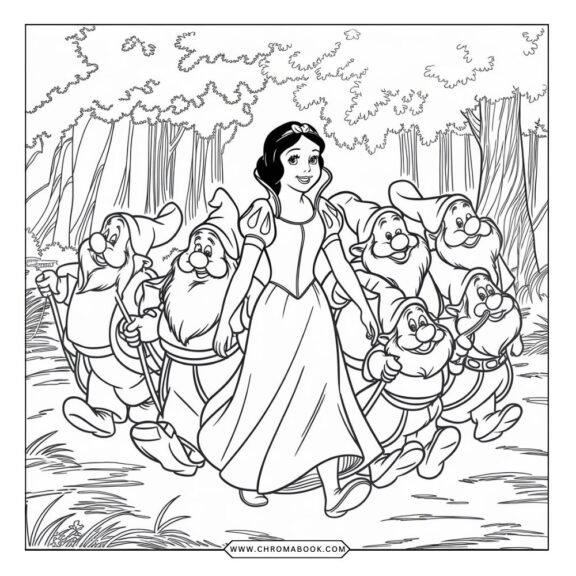 A whimsical Snow White coloring page featuring the iconic princess, woodland animals, and enchanting forest details. Free printable!