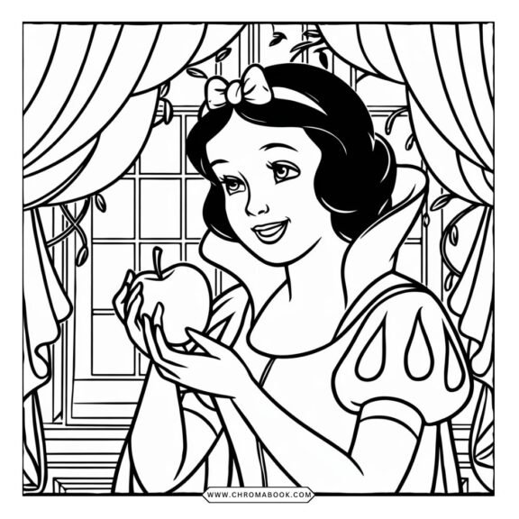 A whimsical Snow White coloring page featuring the iconic princess surrounded by forest animals, perfect for a free printable activity.