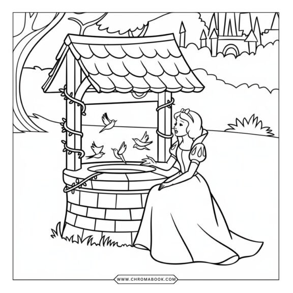 A whimsical Snow White coloring page featuring her surrounded by forest animals, perfect for creative fun; free printable!