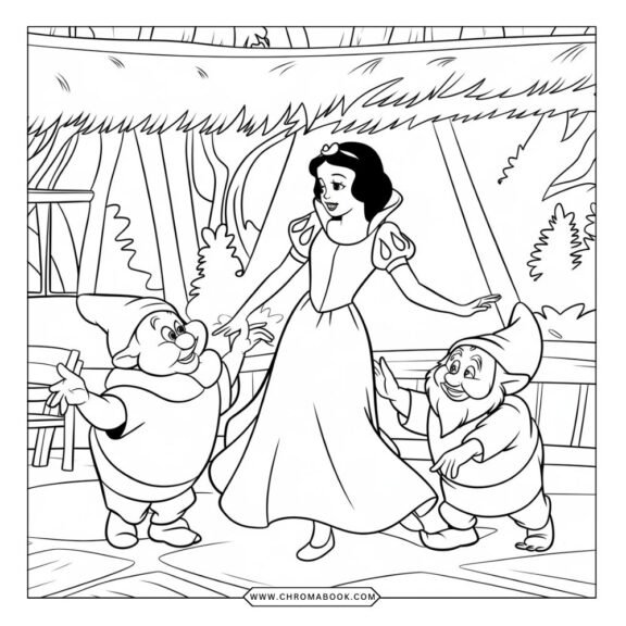 A whimsical Snow White coloring page featuring her surrounded by forest animals, perfect for a free printable activity.