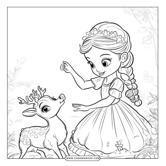 A charming Sofia the First coloring page featuring Sofia, her animal friends, and whimsical designs; perfect for a free printable activity.