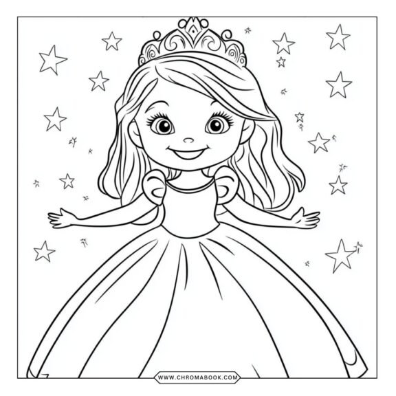 A whimsical Sofia the First coloring page featuring Sofia surrounded by magical elements, perfect for kids. Free printable!