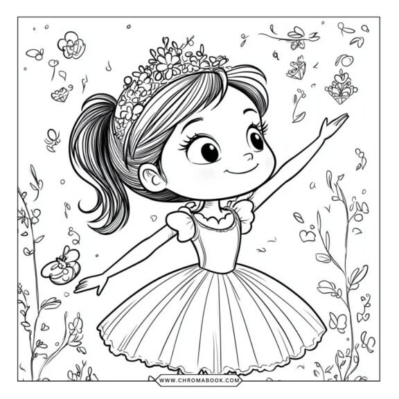 A whimsical Sofia the First coloring page featuring Sofia in her royal gown, surrounded by magical elements. Free printable!