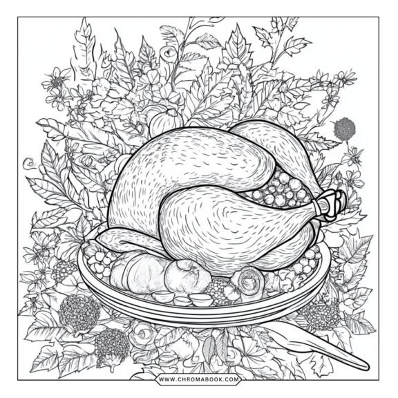 A festive Thanksgiving coloring page featuring a cornucopia filled with fruits, vegetables, and autumn leaves. Free printable!