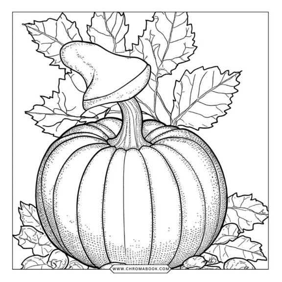 A festive Thanksgiving coloring page featuring a detailed turkey surrounded by autumn leaves, perfect for a free printable activity.