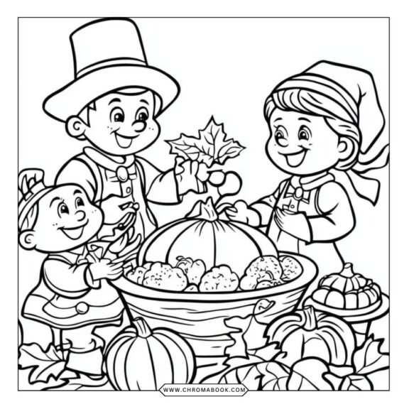 Thanksgiving-themed coloring page featuring a cornucopia with fruits and vegetables, perfect for a free printable activity.