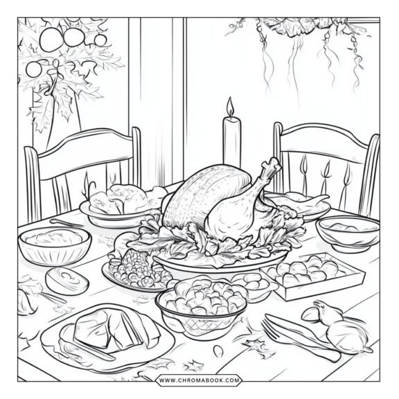 A festive Thanksgiving coloring page featuring a cornucopia filled with fruits and vegetables, perfect for a free printable activity.