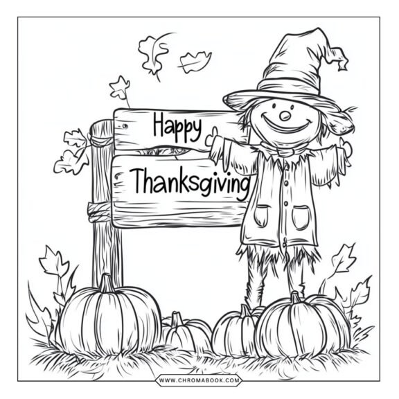 A festive Thanksgiving coloring page featuring a cornucopia, autumn leaves, and pumpkins, perfect for a free printable activity.