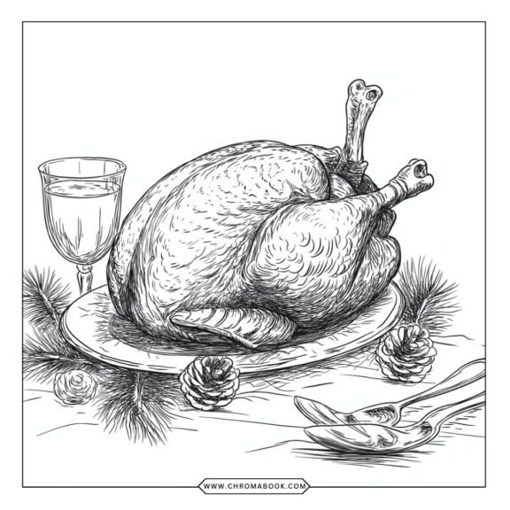 Thanksgiving-themed coloring page featuring a cornucopia, autumn leaves, and pumpkins; perfect for a free printable activity!