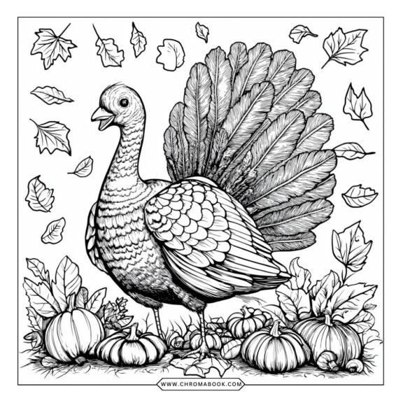 A festive Thanksgiving coloring page featuring a cornucopia, pumpkins, and autumn leaves, perfect for a free printable activity.