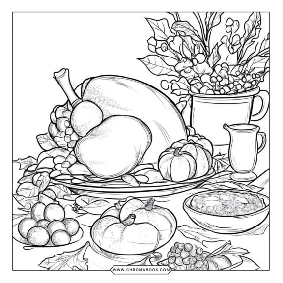 A festive Thanksgiving coloring page featuring a turkey surrounded by autumn leaves and pumpkins, perfect for a free printable activity.