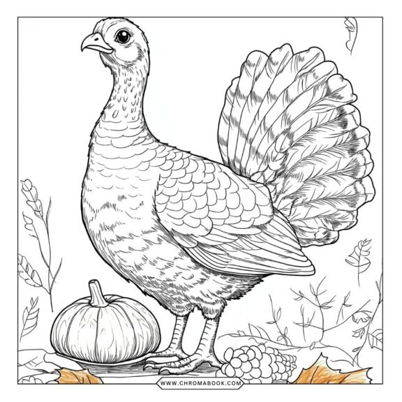 A festive Thanksgiving coloring page featuring a cornucopia, autumn leaves, and pumpkins, perfect for a free printable activity.