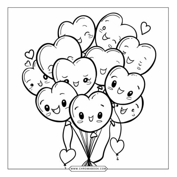 A whimsical Valentine's Day coloring page featuring hearts, flowers, and cute animals; perfect for a free printable activity.