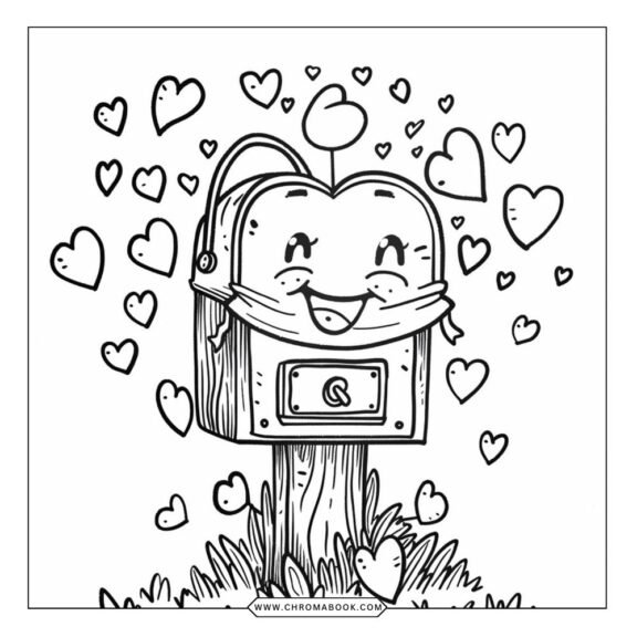 A whimsical Valentine's Day coloring page featuring hearts, flowers, and cute animals, perfect for a free printable activity.