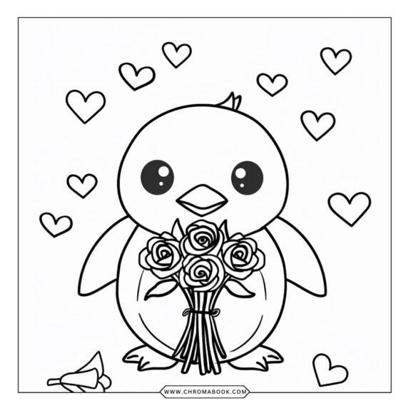 A whimsical Valentine's Day coloring page featuring hearts, flowers, and playful animals, perfect for a free printable activity.