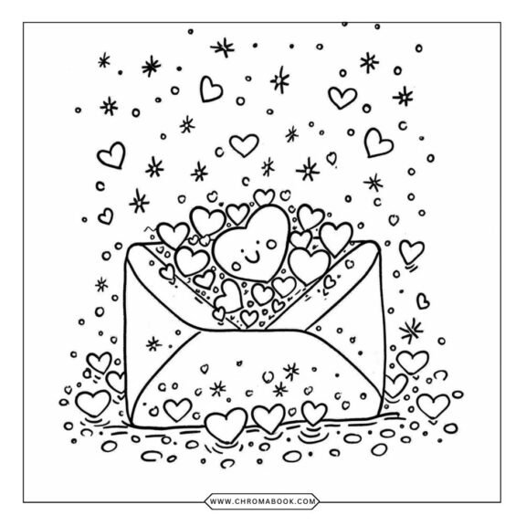 A whimsical Valentine's Day coloring page featuring hearts, flowers, and playful arrows, perfect for a free printable activity.