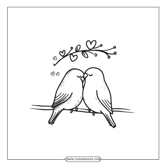 A whimsical Valentine's Day coloring page featuring hearts, flowers, and cute animals, perfect for a free printable activity.