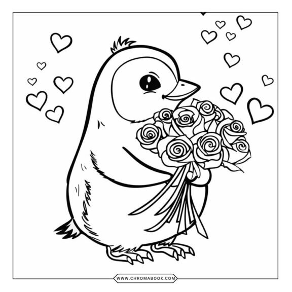 A whimsical Valentine's Day coloring page featuring hearts, flowers, and cute animals, perfect for a free printable activity.