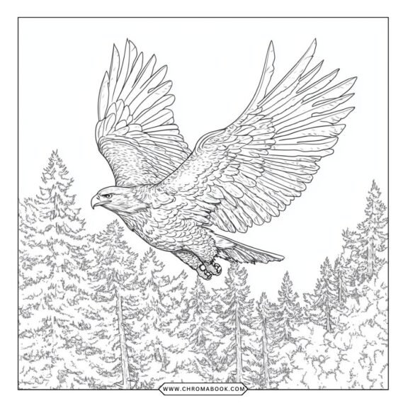 A majestic bald eagle spreads its wings in this intricate coloring page, perfect for creativity. Free printable for all ages!