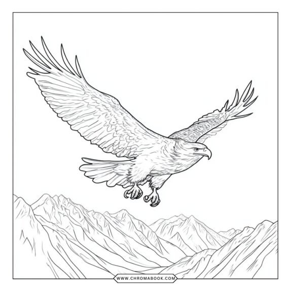 A majestic bald eagle soaring with outstretched wings, surrounded by intricate patterns. Perfect for a free printable coloring page!